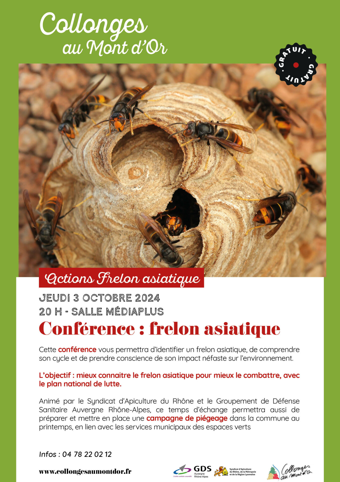 affiche présentant la conférence frelon avec une image d'un nid et de frelons 