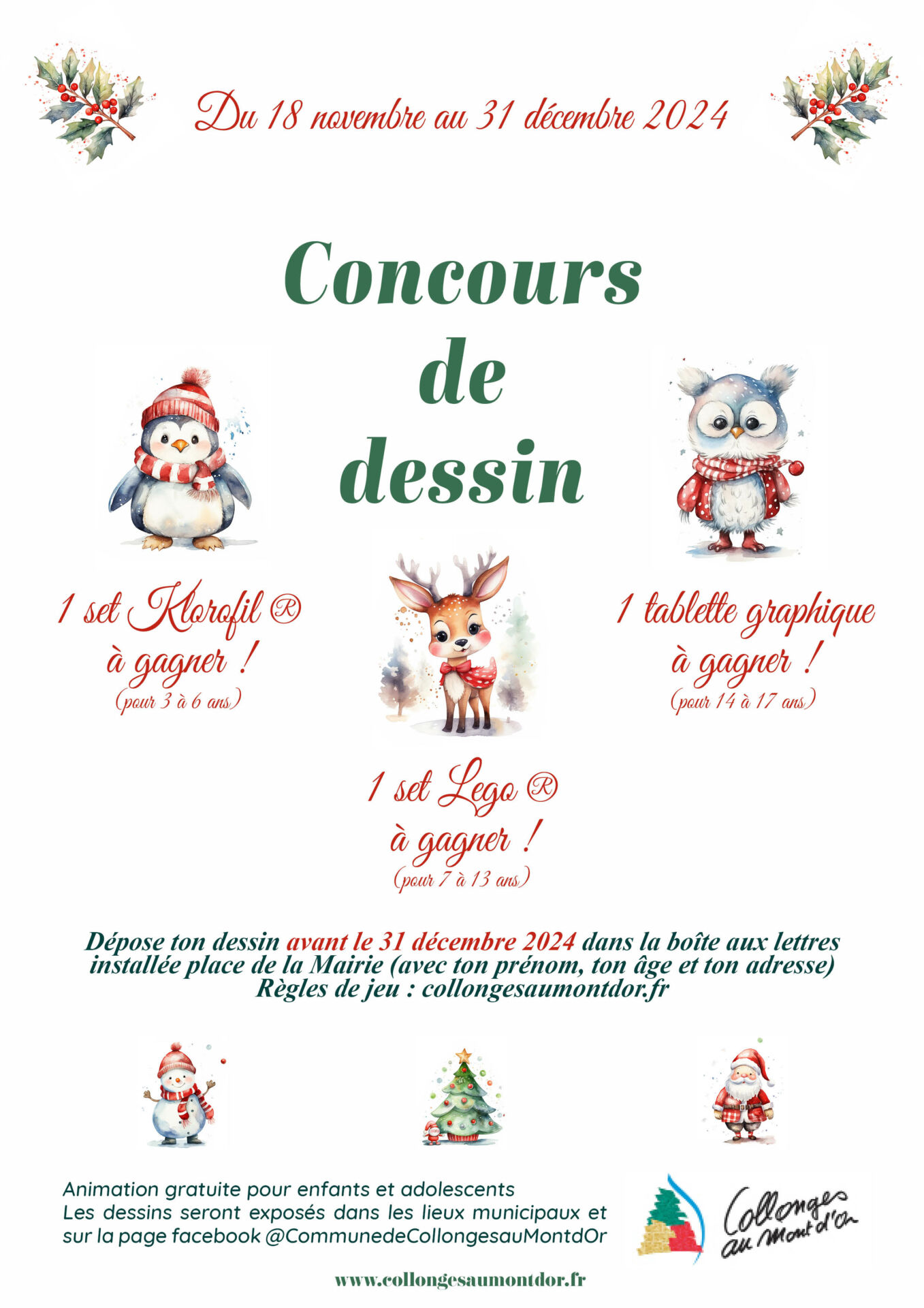 Affiche du concours de dessins avec de belles aquarelles traditionnelles d'hiver et festive pour les fêtes de fin d'année