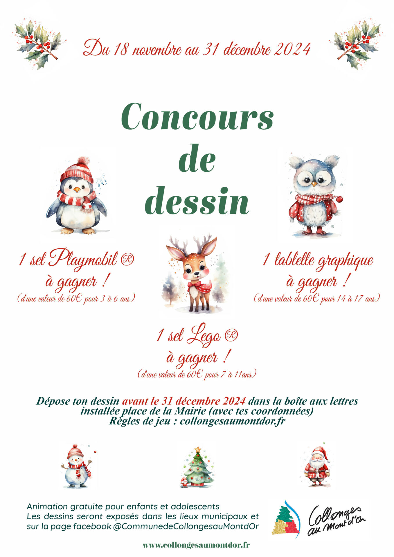 Affiche annonçant le concours de dessins de fin d'année avec des illustration d'animaux mignons et avec écharpes d'hiver dans des couleurs traditionnelles