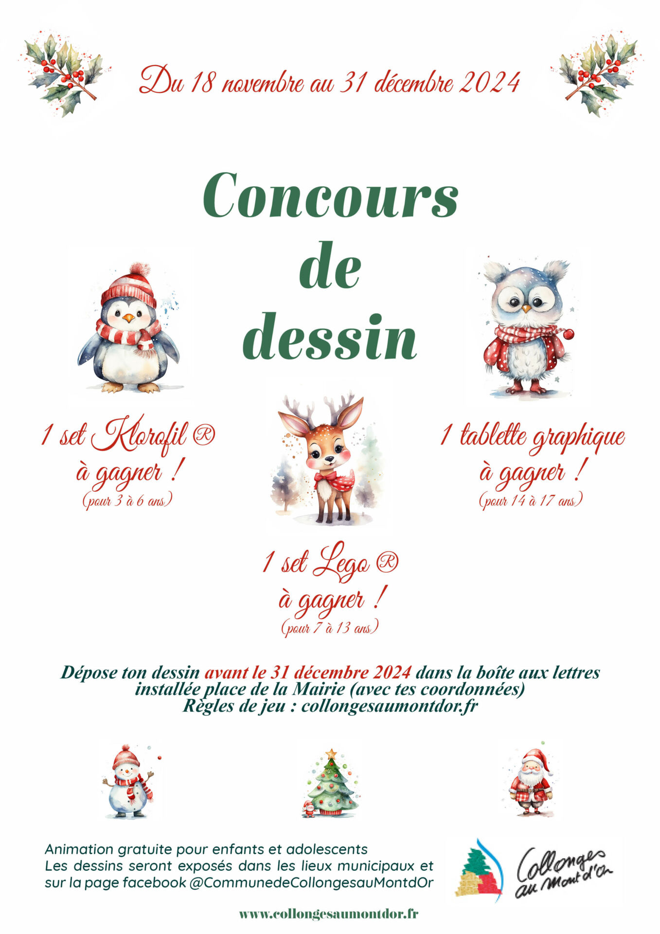 Affiche du concours de dessins avec de belles aquarelles traditionnelles d'hiver et festive pour les fêtes de fin d'année