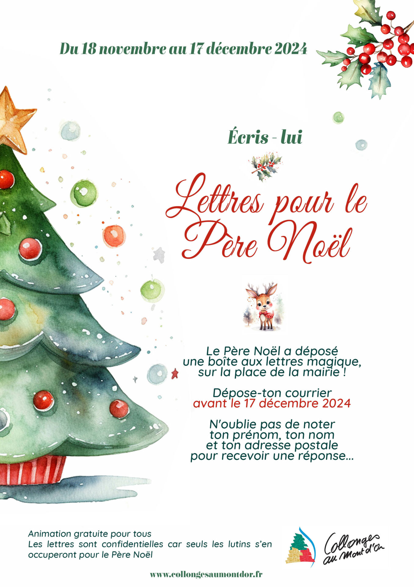 affiche présentant l'annonce de la boîte aux lettres du père noel, place de la mairie avec un sapin et des couleurs traditionnelles de noël